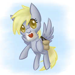Size: 1758x1773 | Tagged: safe, artist:chiramii-chan, character:derpy hooves, species:pegasus, species:pony, bag, c:, cute, derpabetes, female, flying, letter, looking at you, mare, mouth hold, saddle bag, smiling, solo, spread wings, wings