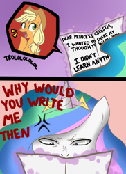 Size: 600x824 | Tagged: safe, artist:musapan, character:applejack, character:princess celestia, species:alicorn, species:earth pony, species:pony, g4, appletroll, comic, cross-popping veins, dear princess celestia, duo, duo female, female, i didn't learn anything, letter, mare, this will end in tears and/or a journey to the moon, trolling