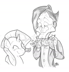 Size: 1700x1758 | Tagged: safe, artist:keentao, character:rarity, species:pony, species:unicorn, bow tie, crossover, doctor who, duo, eleventh doctor, faec, grayscale, monochrome, simple background, smiling, traditional art, wavy mouth, white background