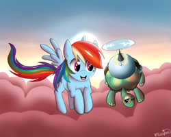 Size: 1027x820 | Tagged: safe, artist:musapan, character:rainbow dash, character:tank, species:pegasus, species:pony, g4, cloud, cloudy, duo, female, flying, mare
