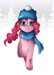 Size: 700x963 | Tagged: safe, artist:musapan, character:pinkie pie, species:earth pony, species:pony, g4, cap, clothing, female, hat, looking at you, mare, scarf, snow, solo, unshorn fetlocks, winter