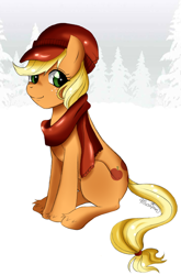 Size: 716x1085 | Tagged: safe, artist:musapan, character:applejack, species:earth pony, species:pony, g4, clothing, female, mare, scarf, sitting, snow, solo, unshorn fetlocks, winter