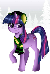 Size: 800x1182 | Tagged: safe, artist:musapan, character:twilight sparkle, character:twilight sparkle (unicorn), species:pony, species:unicorn, g4, clothing, earmuffs, female, mare, raised hoof, scarf, snow, solo, unshorn fetlocks, winter