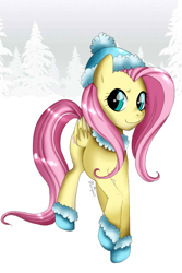Size: 826x1235 | Tagged: safe, artist:musapan, character:fluttershy, species:pegasus, species:pony, g4, boots, cap, clothing, female, hat, mare, snow, solo, winter