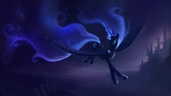 Size: 1920x1080 | Tagged: source needed, useless source url, safe, artist:paladin, character:princess luna, canterlot, dark, ethereal mane, female, flying, long tail, mane, night, solo