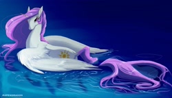 Size: 3000x1714 | Tagged: safe, artist:aspendragon, character:princess celestia, beautiful, eyelashes, female, looking at you, looking back, smiling, solo, swanlestia, swimming, water