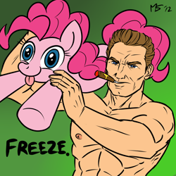 Size: 962x962 | Tagged: safe, artist:megasweet, artist:reaver, character:pinkie pie, species:human, arnold schwarzenegger, cigar, male nipples, tongue out