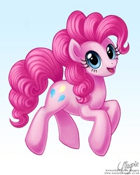 Size: 800x1000 | Tagged: safe, artist:laurenmagpie, character:pinkie pie, species:pony, female, gradient background, looking at you, mare, signature, simple background, smiling, solo