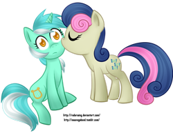 Size: 900x695 | Tagged: safe, artist:newvagabond, character:bon bon, character:lyra heartstrings, character:sweetie drops, species:pony, ship:lyrabon, female, kissing, lesbian, mare, shipping