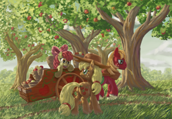 Size: 4000x2777 | Tagged: safe, artist:morevespenegas, character:apple bloom, character:applejack, character:big mcintosh, species:earth pony, species:pony, apple, apple orchard, apple siblings, apple tree, cart, male, orchard, stallion, tree