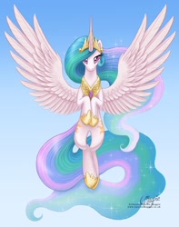 Size: 1080x1368 | Tagged: dead source, safe, artist:laurenmagpie, character:princess celestia, species:alicorn, species:pony, collar, crown, female, flying, gradient background, hoof shoes, jewelry, looking at you, mare, necklace, regalia, solo, spread wings, tiara, wings