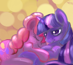 Size: 1024x920 | Tagged: safe, artist:lukeine, character:pinkie pie, character:twilight sparkle, ship:twinkie, female, lesbian, shipping, snuggling