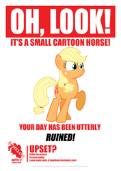 Size: 2480x3508 | Tagged: safe, artist:bamthand, character:applejack, species:earth pony, species:pony, blonde, female, hatless, mare, missing accessory, poster, raised hoof, solo, your day is ruined
