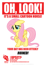 Size: 2480x3508 | Tagged: safe, artist:bamthand, character:fluttershy, species:pegasus, species:pony, female, floppy ears, folded wings, mare, poster, raised hoof, smiling, solo, three quarter view, wings, your day is ruined