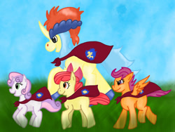 Size: 1024x768 | Tagged: safe, artist:asinglepetal, character:apple bloom, character:scootaloo, character:sweetie belle, crossover, cutie mark crusaders, keldeo, pokémon