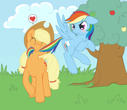 Size: 868x755 | Tagged: safe, artist:tenchi-outsuno, character:applejack, character:rainbow dash, ship:appledash, blushing, female, heart, lesbian, mouth hold, shipping