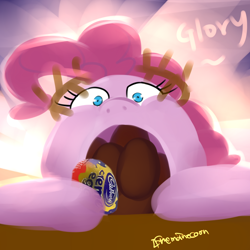 Size: 1280x1280 | Tagged: safe, artist:ifthemainecoon, character:pinkie pie, 30 minute art challenge, cadbury creme egg, chocolate, female, food, solo