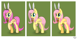 Size: 2750x1400 | Tagged: safe, artist:average-hanzo, character:fluttershy, basket, bunny ears, easter, easter egg, female, mouth hold, solo