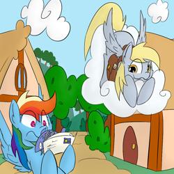 Size: 1024x1024 | Tagged: safe, artist:martinhello, character:derpy hooves, character:rainbow dash, species:pegasus, species:pony, female, fish, letter, mail, mare, saddle bag