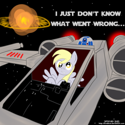 Size: 1000x1000 | Tagged: safe, artist:invidlord, character:derpy hooves, species:pegasus, species:pony, crossover, death star, female, mare, r2-d2, star wars, starfighter, x-wing