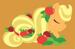 Size: 1500x975 | Tagged: safe, artist:raygirl, part of a set, character:applejack, species:earth pony, species:pony, apple, bust, eyes closed, female, food, hooves, lineless, mare, minimalist, modern art, orange background, portrait, profile, simple background, solo, wallpaper