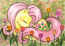Size: 699x494 | Tagged: safe, artist:midori-no-ink, character:posey, g1, flower, g1 to g4, generation leap, sleeping