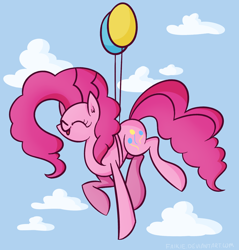 Size: 1884x1971 | Tagged: safe, artist:faikie, character:pinkie pie, balloon, cloud, cloudy, female, floating, happy, sky, solo, then watch her balloons lift her up to the sky