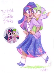 Size: 1280x1711 | Tagged: safe, artist:egriz, character:spike, character:twilight sparkle, species:human, clothing, hoodie, humanized, long skirt, looking at each other, piggyback ride, riding, simple background, skirt, traditional art, white background
