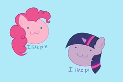 Size: 1696x1131 | Tagged: safe, artist:ariah101, artist:ariah98, character:pinkie pie, character:twilight sparkle, species:earth pony, species:pony, species:unicorn, :3, blue background, duo, math, pi, pie, simple background