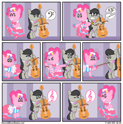 Size: 950x958 | Tagged: safe, artist:gx, character:octavia melody, character:pinkie pie, broken string, cello, clothing, comic, dress, horsepower, musical instrument, playing