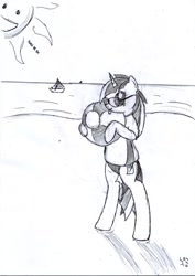 Size: 752x1063 | Tagged: safe, artist:bamthand, oc, oc only, oc:scribble tale, species:pony, species:unicorn, beach, beach ball, bikini, bipedal, clothing, glasses, shirt, solo, swimsuit, traditional art