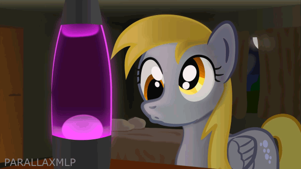 Size: 597x336 | Tagged: safe, artist:parallaxmlp, character:derpy hooves, species:pegasus, species:pony, animated, bedroom, cute, derpabetes, excited, eyes closed, female, flapping, gasp, gif party, giggling, grin, lava lamp, lava lamp effect, mare, open mouth, smiling, spread wings, underp, wings, youtube link