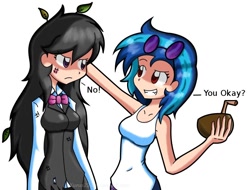 Size: 842x640 | Tagged: safe, artist:kurus22, character:dj pon-3, character:octavia melody, character:vinyl scratch, drink, humanized, octavia is not amused, unamused