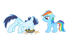 Size: 1108x600 | Tagged: safe, artist:rebron-y, artist:thunderelemental, character:rainbow dash, character:soarin', ship:soarindash, eating, female, male, messy eating, pie, shipping, simple background, straight, that pony sure does love pies, transparent background, upset, vector