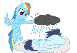Size: 802x551 | Tagged: safe, artist:rebron-y, artist:thunderelemental, character:rainbow dash, character:soarin', ship:soarindash, female, male, prank, shipping, simple background, sleeping, stormcloud, straight, this will end in tears, transparent background, vector