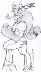 Size: 445x783 | Tagged: dead source, safe, artist:evangle, oc, oc only, species:anthro, species:buffalo, species:unguligrade anthro, 30 minute art challenge, buffalo oc, clothing, feather, grayscale, jeans, monochrome, pants, shirt, sketch, solo, watch, wristwatch