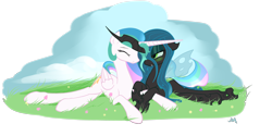 Size: 3000x1500 | Tagged: safe, artist:russiankolz, character:princess celestia, character:queen chrysalis, ship:chryslestia, bedroom eyes, cuddling, eyes closed, female, grass, horns are touching, lesbian, missing accessory, prone, shipping, simple background, smiling, snuggling, transparent background