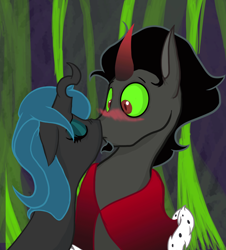 Size: 1237x1366 | Tagged: safe, artist:riquis101, edit, character:king sombra, character:queen chrysalis, species:changeling, species:pony, species:unicorn, ship:chrysombra, blushing, changeling queen, cute, cutealis, female, kissing, male, shipping, sombradorable, straight, younger