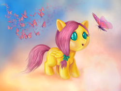 Size: 800x600 | Tagged: safe, artist:voodoo-tiki, character:fluttershy, species:pony, baby, baby pony, babyshy, butterfly, cloud, cloudy, female, solo, younger