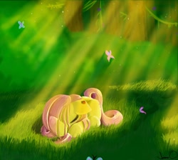 Size: 800x718 | Tagged: safe, artist:russiankolz, character:fluttershy, species:pegasus, species:pony, butterfly, crepuscular rays, eyes closed, female, floppy ears, forest, grass, ladybug, mare, outdoors, prone, sleeping, solo, stray strand