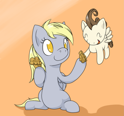 Size: 1217x1140 | Tagged: safe, artist:thepiplup, character:derpy hooves, character:pound cake, species:pegasus, species:pony, female, flying, mare, muffin, sharing