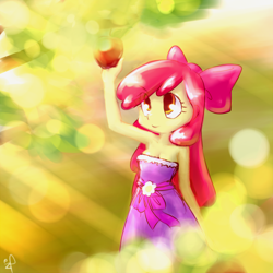 Size: 500x500 | Tagged: safe, artist:ifthemainecoon, character:apple bloom, my little pony:equestria girls, adorabloom, apple, armpits, breasts, cleavage, clothing, cute, dress, fall formal outfits, humanized, strapless, strapless dress, sweet dreams fuel