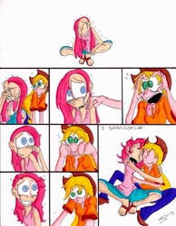 Size: 1700x2191 | Tagged: safe, artist:storypony, character:applejack, character:pinkamena diane pie, character:pinkie pie, comic, crying, funny faces, hug, humanized, sandals