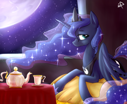 Size: 2200x1800 | Tagged: safe, artist:ifthemainecoon, character:princess luna, bed, cup, female, moon, moonlight, night, solo, tea, teacup, teapot