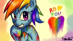 Size: 1920x1080 | Tagged: safe, artist:datponypl, character:rainbow dash, species:pegasus, species:pony, female, heart, liquid rainbow, looking at you, messy, paint on fur, solo, text, wallpaper