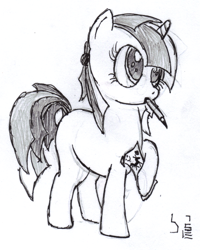 Size: 955x1196 | Tagged: safe, artist:bamthand, oc, oc only, oc:scribble tale, species:pony, species:unicorn, female, filly, monochrome, mouth hold, pencil, pencil drawing, solo, traditional art