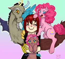 Size: 581x525 | Tagged: safe, artist:redmisa, character:discord, character:pinkie pie, oc, oc:choco pie, parent:discord, parent:pinkie pie, parents:discopie, species:human, ship:discopie, blushing, family photo, female, group photo, interspecies offspring, male, offspring, shipping, straight