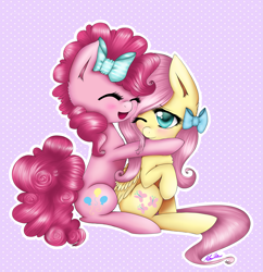 Size: 3121x3229 | Tagged: safe, artist:kitsunehino, character:fluttershy, character:pinkie pie, ship:flutterpie, blushing, bow, cute, female, hug, lesbian, shipping