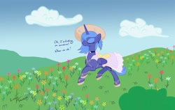 Size: 1425x900 | Tagged: safe, artist:lunarapologist, character:princess luna, alternate hairstyle, choker, clothing, dress, eyes closed, female, flower, hat, katrina and the waves, meadow, messy mane, open mouth, s1 luna, sandals, singing, smiling, solo, sundress, trotting, walking on sunshine