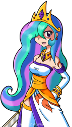 Size: 480x838 | Tagged: safe, artist:kurus22, character:princess celestia, species:human, clothing, cute, cutelestia, female, gloves, hair over one eye, hand on hip, humanized, long gloves, open mouth, side slit, simple background, skinny, solo, white background